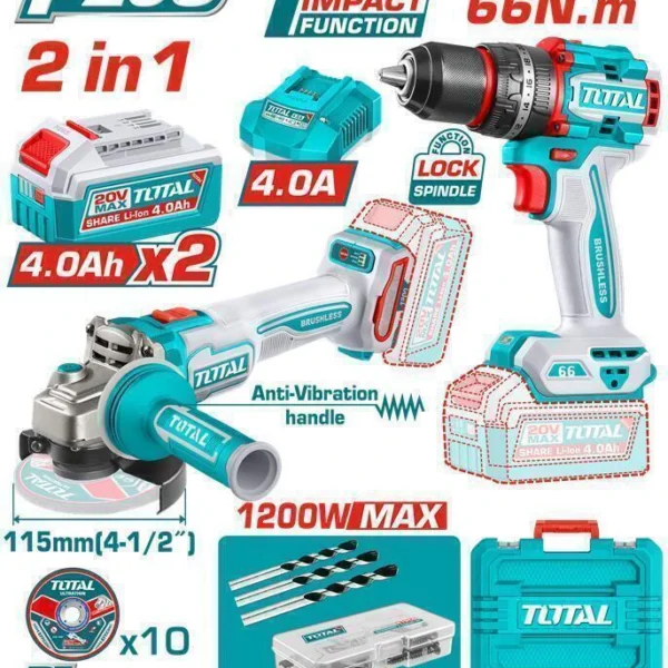 Pack Taladro Percutor + Amoladora Brushless a Batería TOTAL 20V con 2 Baterías 4Ah y Maletín TCKLI20256E